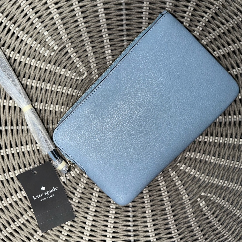 KATE SPADE LEILA L ZIP WRISTLET PEBBLED LEATHER POLISHED BLUE WALLET - Picture 5 of 5